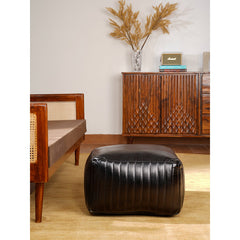 Pouf, 21-Inch Square, Black Genuine Leather