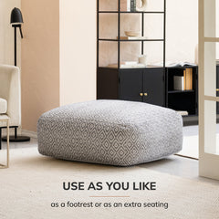 Pouf Ottoman, 34 in Wide with Beige and Gray Cotton Blend Upholstery