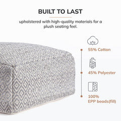 Pouf Ottoman, 34 in Wide with Beige and Gray Cotton Blend Upholstery