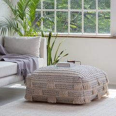 Pouf Ottoman, Cotton Upholstery in Beige and Gray