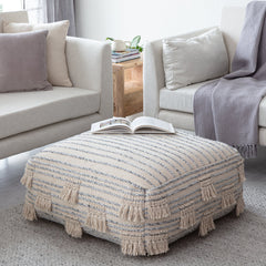 Pouf Ottoman, Cotton Upholstery in Beige and Gray