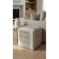 Pouf Ottoman, Full Grain Cowhide Leather with Geometric Pattern