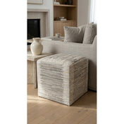 Pouf Ottoman, Full Grain Cowhide Leather with Geometric Pattern