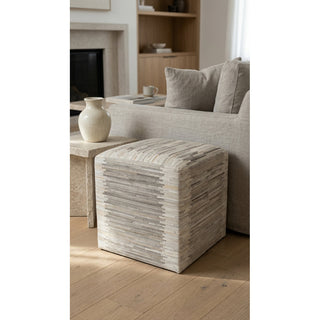 Pouf Ottoman, Full Grain Cowhide Leather with Geometric Pattern