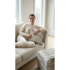 Pouf Ottoman, Full Grain Cowhide Leather with Geometric Pattern
