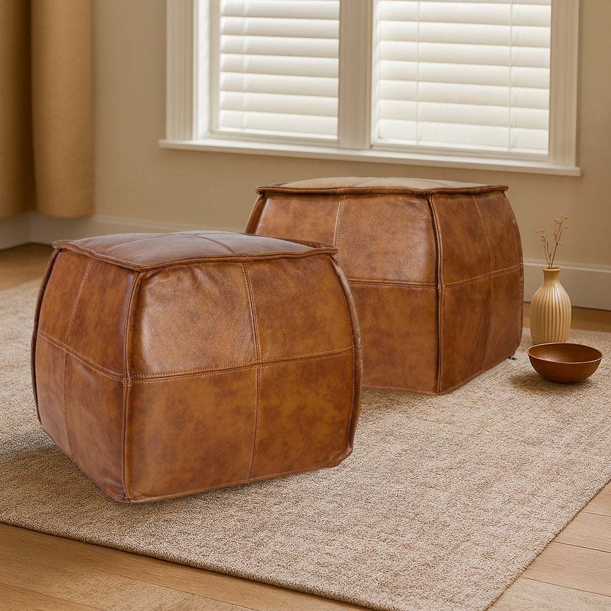 Pouf Ottoman, Genuine Leather with Foam Fill, Brown