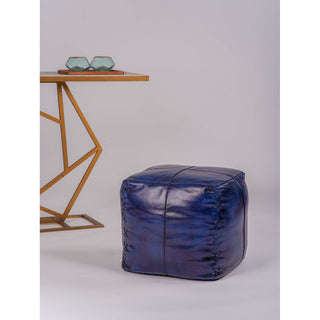 Pouffe, 16-Inch Square, Vintage Blue Genuine Leather