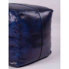Pouffe, 16-Inch Square, Vintage Blue Genuine Leather