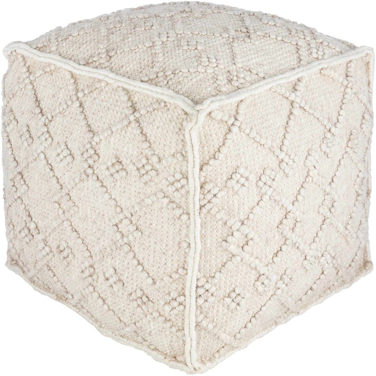 Pouffe, 18 in Square, Off White Wool and Rayon Upholstery with Geometric Pattern
