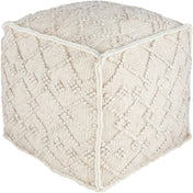Pouffe, 18 in Square, Off White Wool and Rayon Upholstery with Geometric Pattern