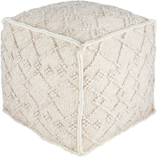 Pouffe, 18 in Square, Off White Wool and Rayon Upholstery with Geometric Pattern