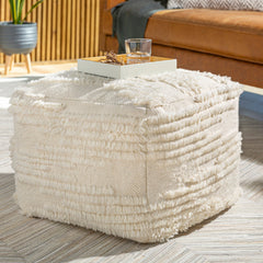 Pouffe, Cream Wool and Cotton with Removable Cover