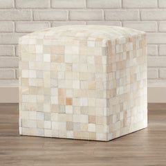 Pouffe Ottoman, 18 in Square, Cream and Camel Genuine Leather with Geometric Pattern