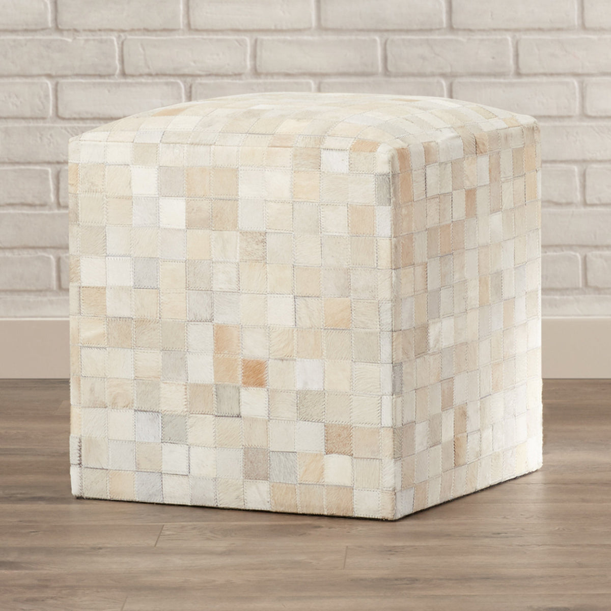 Pouffe Ottoman, 18 in Square, Cream and Camel Genuine Leather with Geometric Pattern