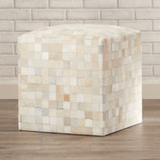 Pouffe Ottoman, 18 in Square, Cream and Camel Genuine Leather with Geometric Pattern