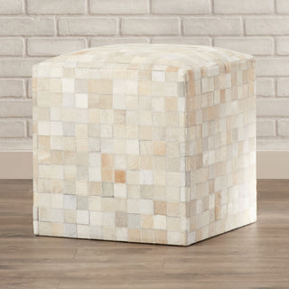 Pouffe Ottoman, 18 in Square, Cream and Camel Genuine Leather with Geometric Pattern