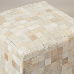 Pouffe Ottoman, 18 in Square, Cream and Camel Genuine Leather with Geometric Pattern