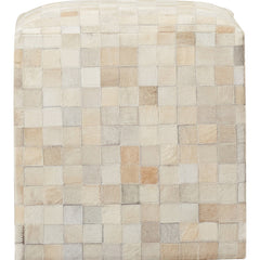 Pouffe Ottoman, 18 in Square, Cream and Camel Genuine Leather with Geometric Pattern