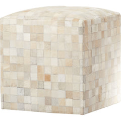 Pouffe Ottoman, 18 in Square, Cream and Camel Genuine Leather with Geometric Pattern