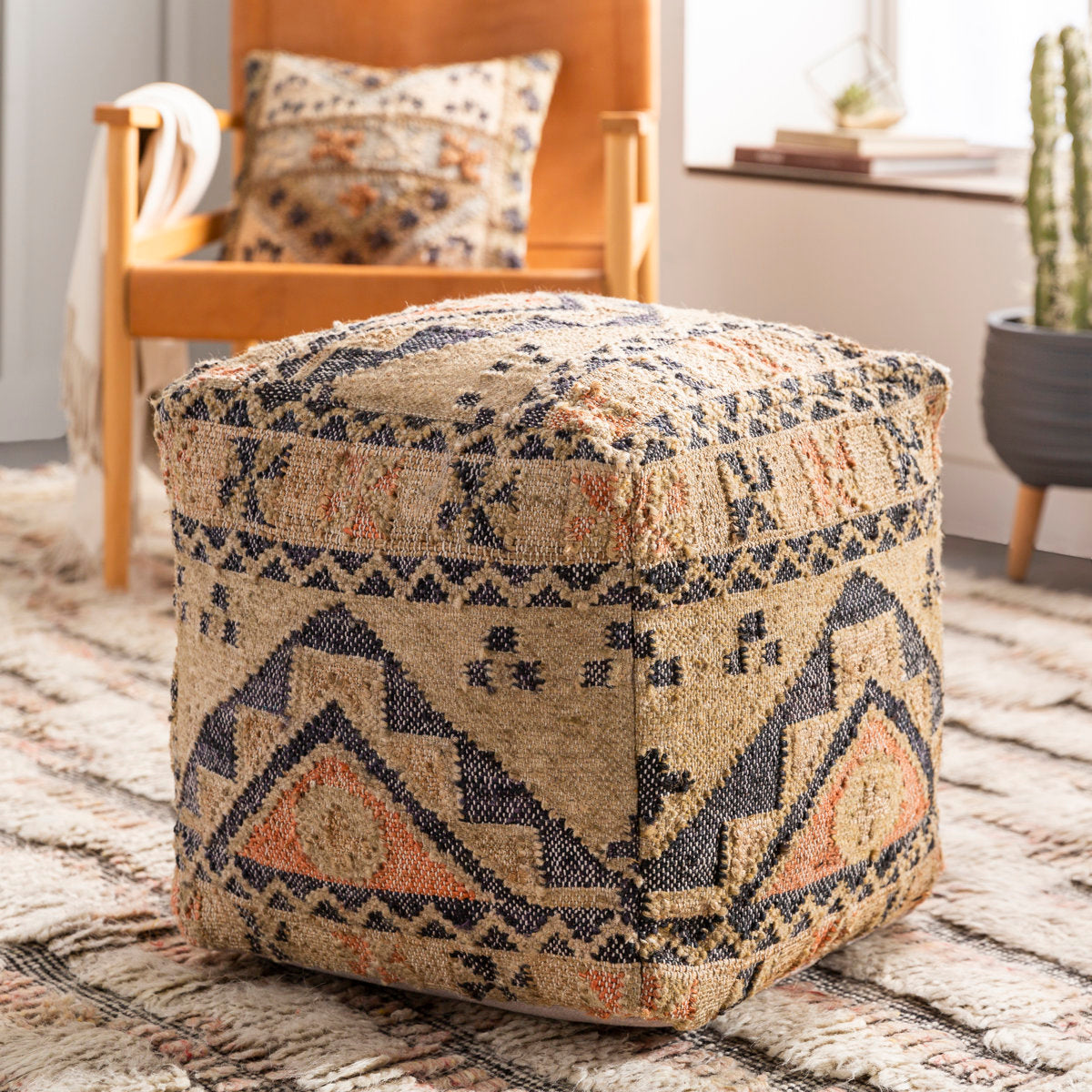 Pouffe Ottoman, 18 Inch Square, Geometric Pattern with Jute and Wool