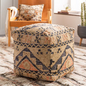 Pouffe Ottoman, 18 Inch Square, Geometric Pattern with Jute and Wool