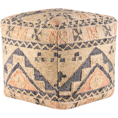 Pouffe Ottoman, 18 Inch Square, Geometric Pattern with Jute and Wool