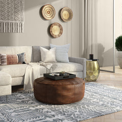 Pouffe, Round, Brown Genuine Buffalo Leather