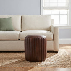 Pouffe, Round, Dark Brown Top Grain Leather