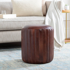 Pouffe, Round, Dark Brown Top Grain Leather