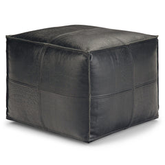 Pouffe with Square Shape in Black Genuine Leather