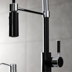 Pre-Rinse Kitchen Faucet, Kaiser, Single-Handle in Matte Black and Polished Chrome