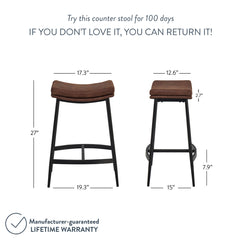 Counter Stools, Set of 2, Brown Polyester Seat, Black Steel Frame