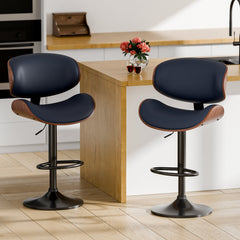 Bar Stools, Set of 2, Faux Leather, Dark Blue/Black/Walnut