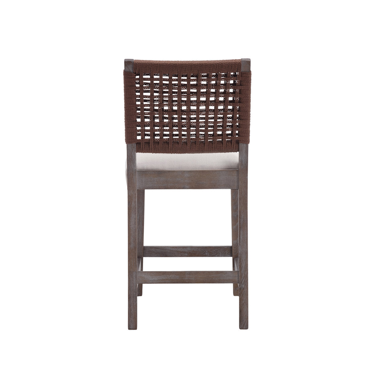 Stool, Solid Rubberwood Frame, Hand-Woven Low Back, Brown and Beige Fabric Seat