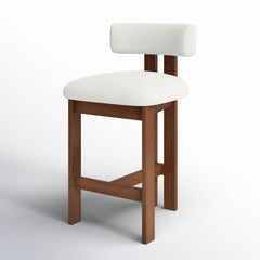 Counter Stool, 26 Inch Seat Height, Ivory Bouclé Seat, Walnut Wood Base
