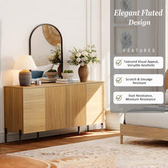 Sideboard with Four Cabinet Doors, Engineered Wood, Metal Base, Oak
