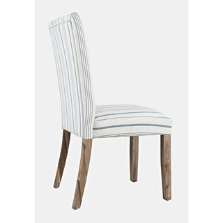 Parsons Side Chairs, Set of 2, Blue and White Striped Polyester, Brown Wood Frame