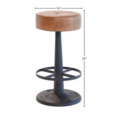 Counter Stool, Backless, Brown Genuine Leather Seat, 26 Inch Height