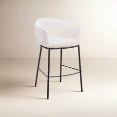 Bar Stool, 29.5 Inch Seat Height, Ivory Teddy Fabric Seat, Black Base