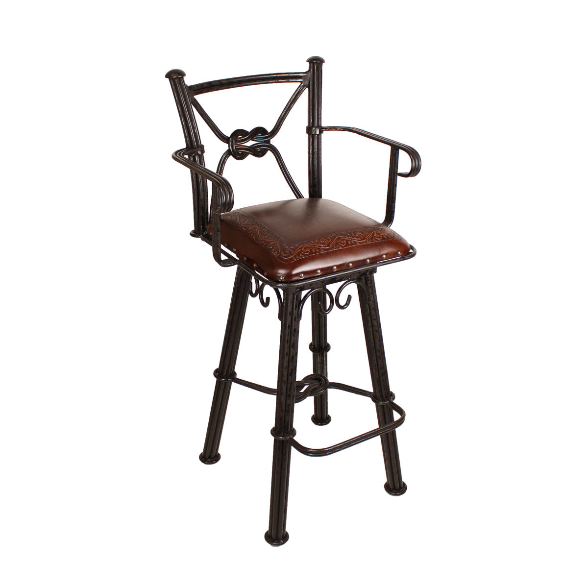 Bar Stool, Tooled Leather Seat, Iron Frame, Antique Brown