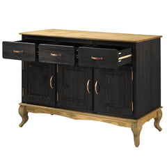 Buffet Cabinet, Solid Pine Wood, 3 Doors, 3 Drawers, Black Wax Finish