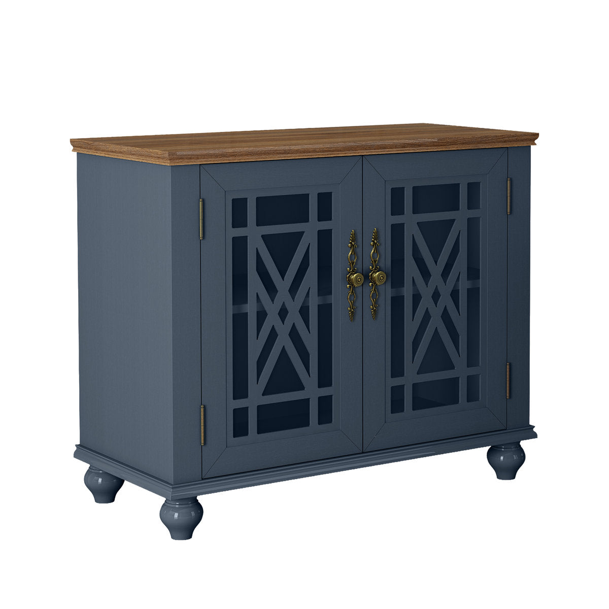 Sideboard, Glass Doors, Manufactured Wood, Navy Base, Natural Top