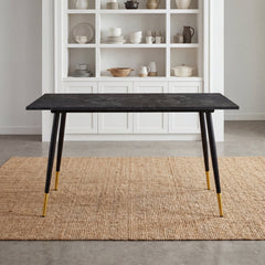 Dining Table, Black Marble Grain Veneer Top, Black Iron Four-Leg Base