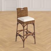 Bar Stool, Wicker Rattan, Cushioned Polyester Blend Seat, Full Back