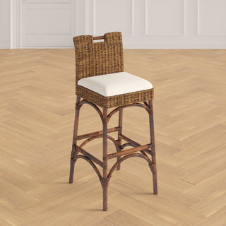 Bar Stool, Wicker Rattan, Cushioned Polyester Blend Seat, Full Back