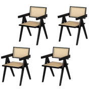 Dining Armchairs, Set of 4, Solid Wood and Rattan, Black