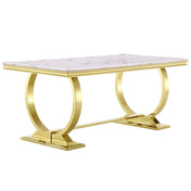 Dining Table, Seats 6, White Faux Marble Top, Gold Stainless Steel Pedestal Base