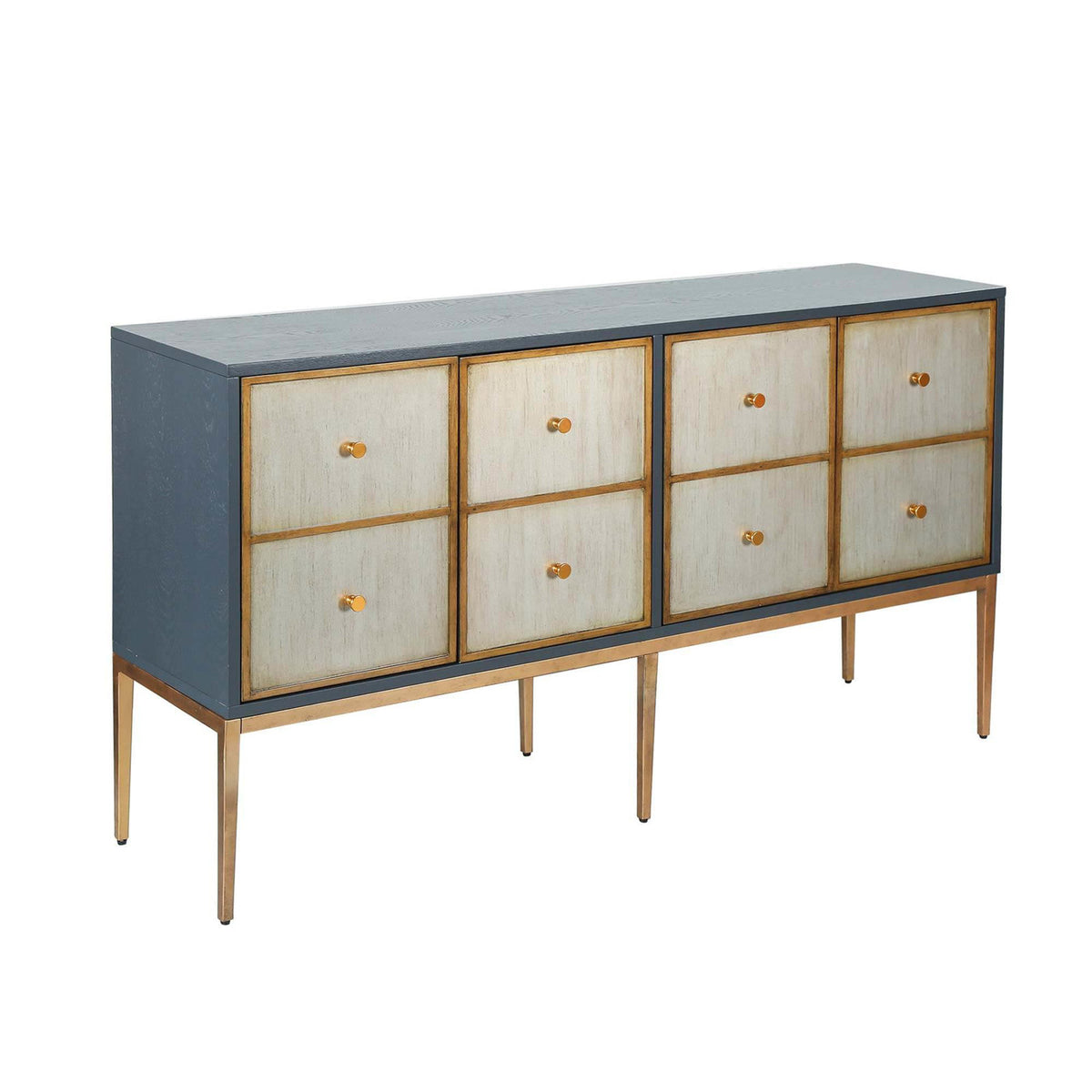 Sideboard, 4 Doors, Distressed Manufactured Wood and Iron, Gray and Dark Gold