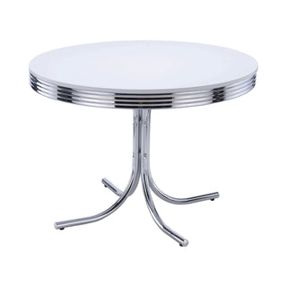 Round Dining Table, Seats 6, Glossy White Top, Chrome Pedestal Base