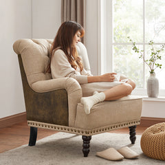 Armchair, Beige Cotton Blend Upholstery, Solid Wood Frame, Black Legs